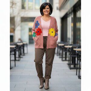 Floral applique open cardigan